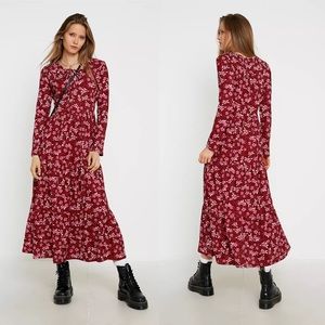 Free People Tiers of Joy Maxi Floral Dress Burgundy Hot Pink tie front small